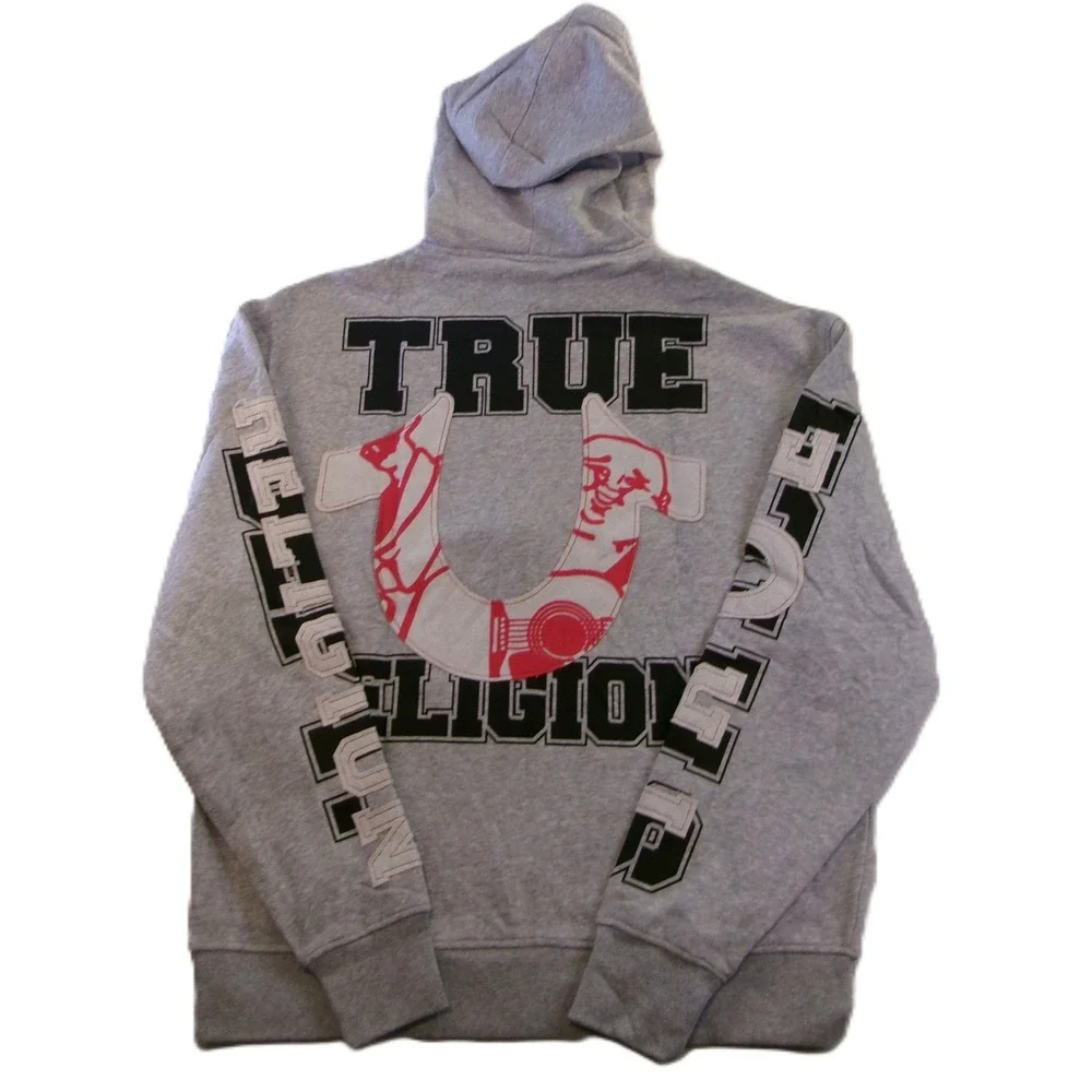 True Religion Mens‎ Large Zip Up Hoodie Gray Terry Applique Horseshoe Logo